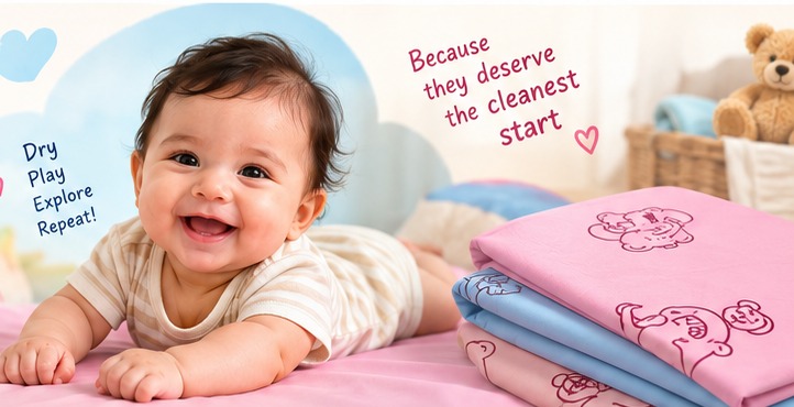 Baby resting on soft pink and blue sheets